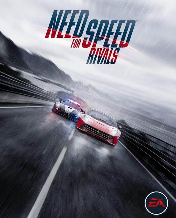 Cover image of Need for Speed Rivals for PC EA Play, showing a dramatic high-speed pursuit in heavy rain between a red supercar and a police vehicle. Get your PC CD key now at RushGame.co and experience the thrill of outlaw racing