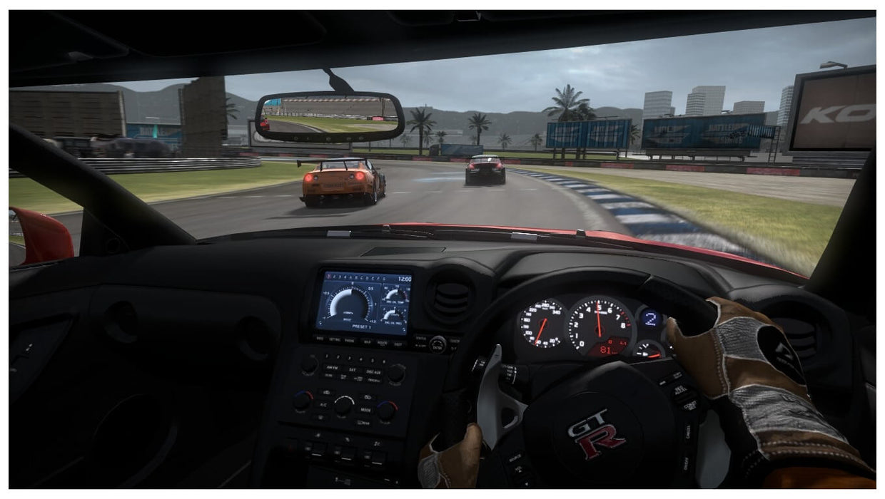 First-person cockpit view of a Nissan GT-R in Need For Speed Shift, racing on a city circuit. Experience immersive racing—available with a PC Origin key from RushGame.co