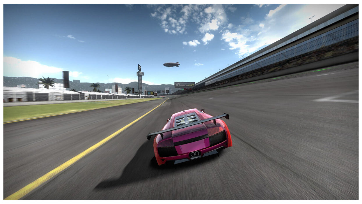 Need For Speed Shift gameplay showing a pink Lamborghini Murciélago speeding on a high-speed track. Unlock the full racing experience on PC with a key from RushGame.co