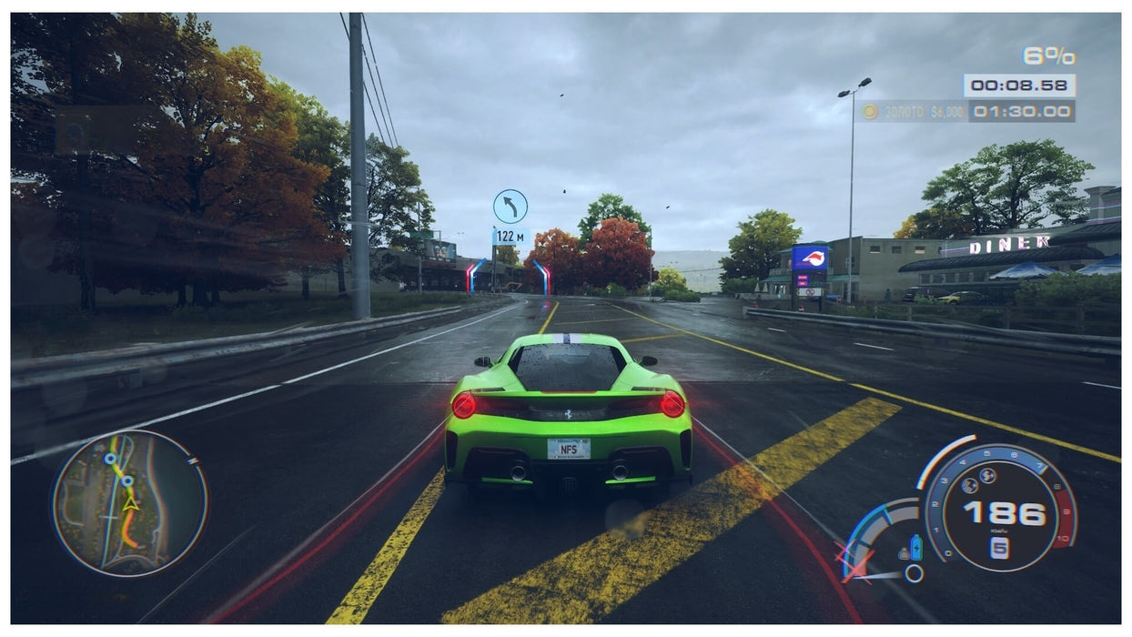 In-game screenshot from Need for Speed Unbound Palace Edition showing a green Ferrari racing on wet streets with autumn trees, available as a digital CD Key at RushGame.co