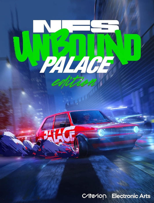 Cover art of Need for Speed Unbound Palace Edition for PC, featuring a red retro car with graffiti-style effects, available now at RushGame.co as an EA Play CD Key