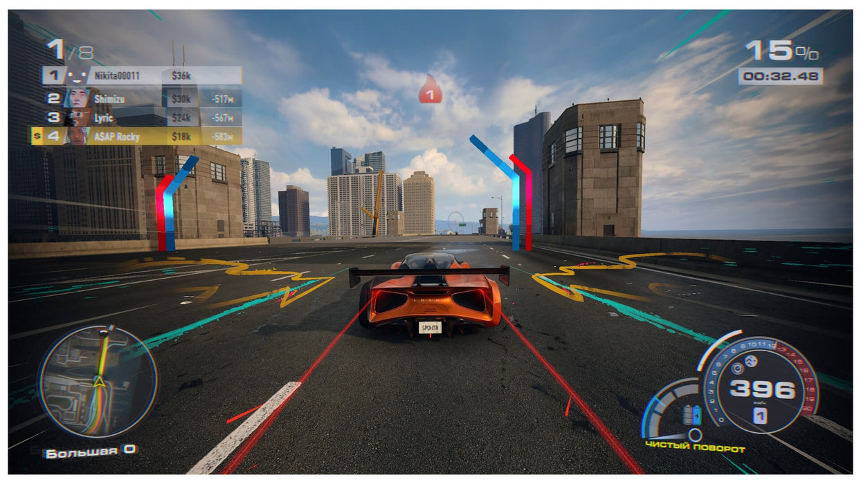 High-speed racing scene in Need for Speed Unbound showing a supercar racing through a city rooftop track – purchase your EA Play CD Key at RushGame.co and start drifting in style