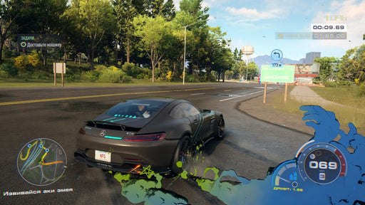A Mercedes-AMG GT S drifting through a sunlit highway in Need for Speed Unbound with comic-style visual effects – purchase the Steam CD Key now at RushGame.co for instant delivery