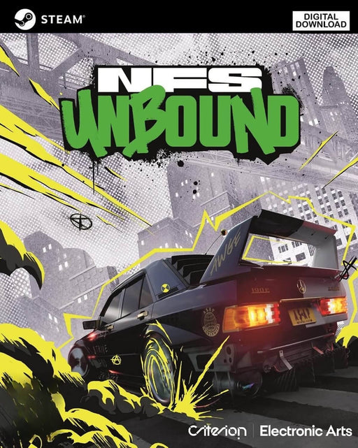 Cover art of Need for Speed Unbound for PC Steam, featuring bold graffiti-style visuals and a classic Mercedes in motion – available now at RushGame.co as a digital game key