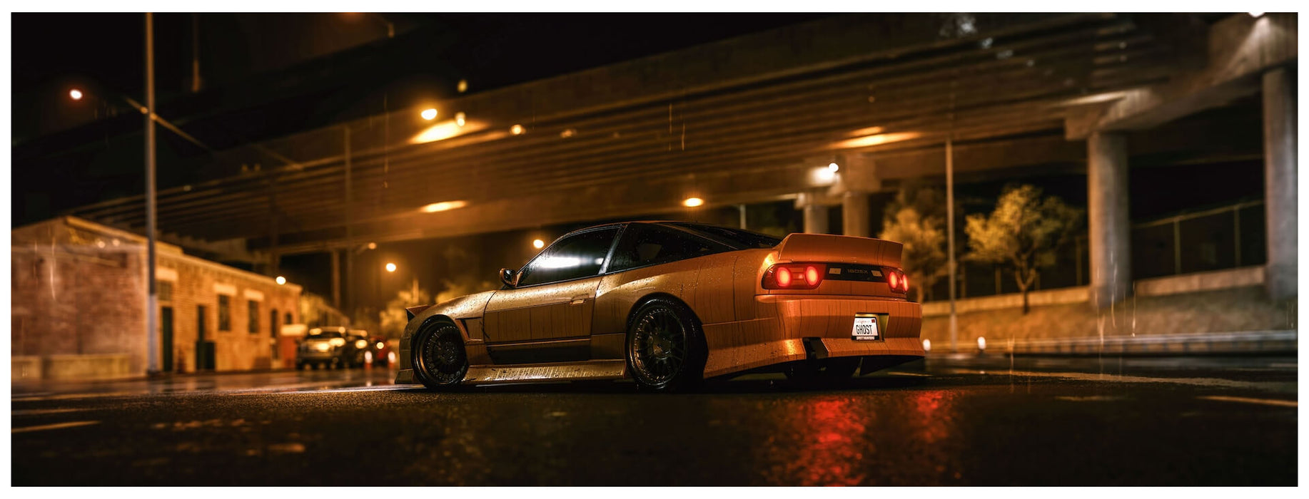 n-game screenshot from Need for Speed on Xbox One showing a modified orange Nissan 180SX under an overpass at night – experience intense street racing, available with a US CD key at RushGame.co