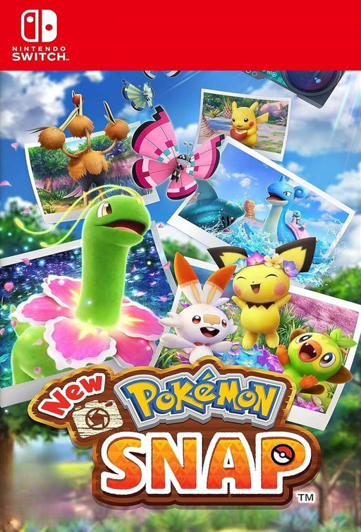 over art of New Pokémon Snap for Nintendo Switch, featuring colorful Pokémon like Pikachu, Pichu, and Lapras in vibrant photo frames – purchase your US CD key now at RushGame.co