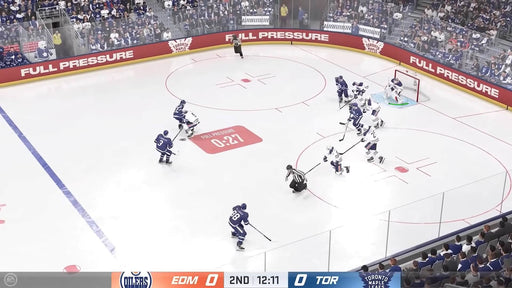  Gameplay screenshot from NHL 24 on Xbox Series X|S showing a tense moment between the Edmonton Oilers and Toronto Maple Leafs. Get your NHL 24 Xbox digital code from RushGame.co and dive into authentic hockey gameplay.