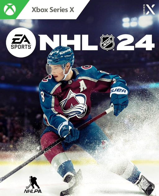 Official cover art for NHL 24 on Xbox Series X|S featuring a player from the Colorado Avalanche in dynamic motion. Purchase the NHL 24 Xbox Series X|S digital key now at RushGame.co for instant access to the ultimate hockey experience