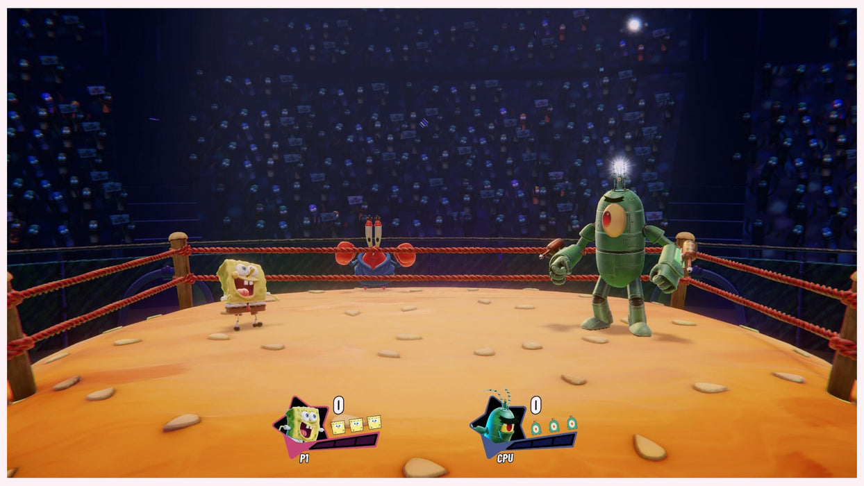 Arena fight screenshot from Nickelodeon All-Star Brawl 2 on PC Steam featuring SpongeBob vs Plankton in a burger-themed ring. Buy your CD Key now at RushGame.co and dive into exciting multiplayer brawls.