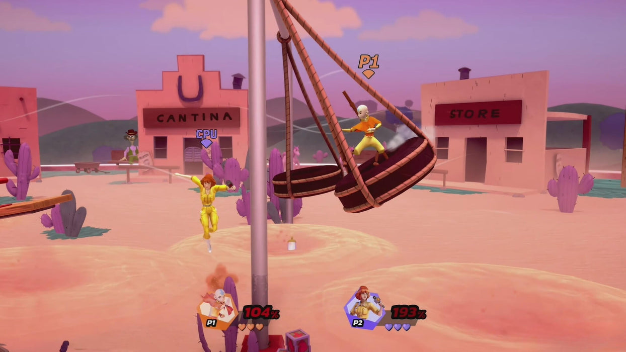 Gameplay scene from Nickelodeon All-Star Brawl featuring Aang and April O’Neil fighting in a desert arena. Purchase your digital copy from RushGame.co and enjoy fast-paced cartoon brawls on Steam