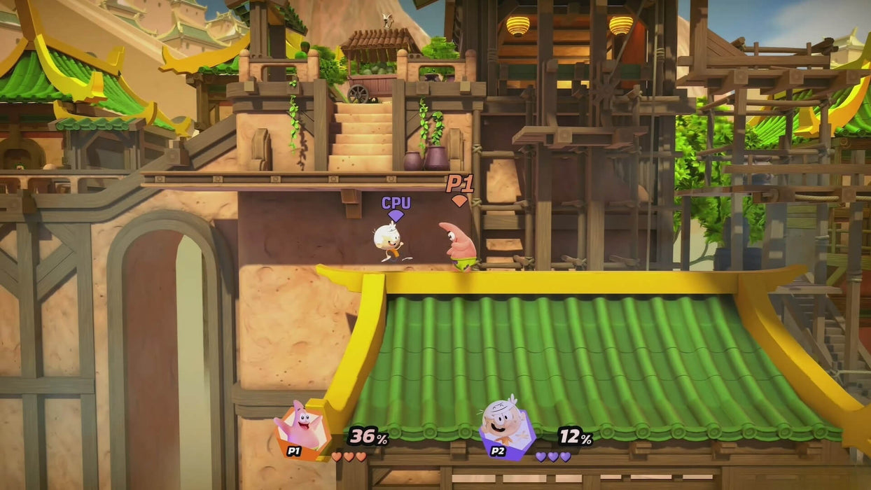 Dynamic screenshot from Nickelodeon All-Star Brawl showing Patrick and Lincoln Loud battling in a multi-level village stage. Unlock your Steam CD Key today at RushGame.co and dive into the cartoon fighting madness