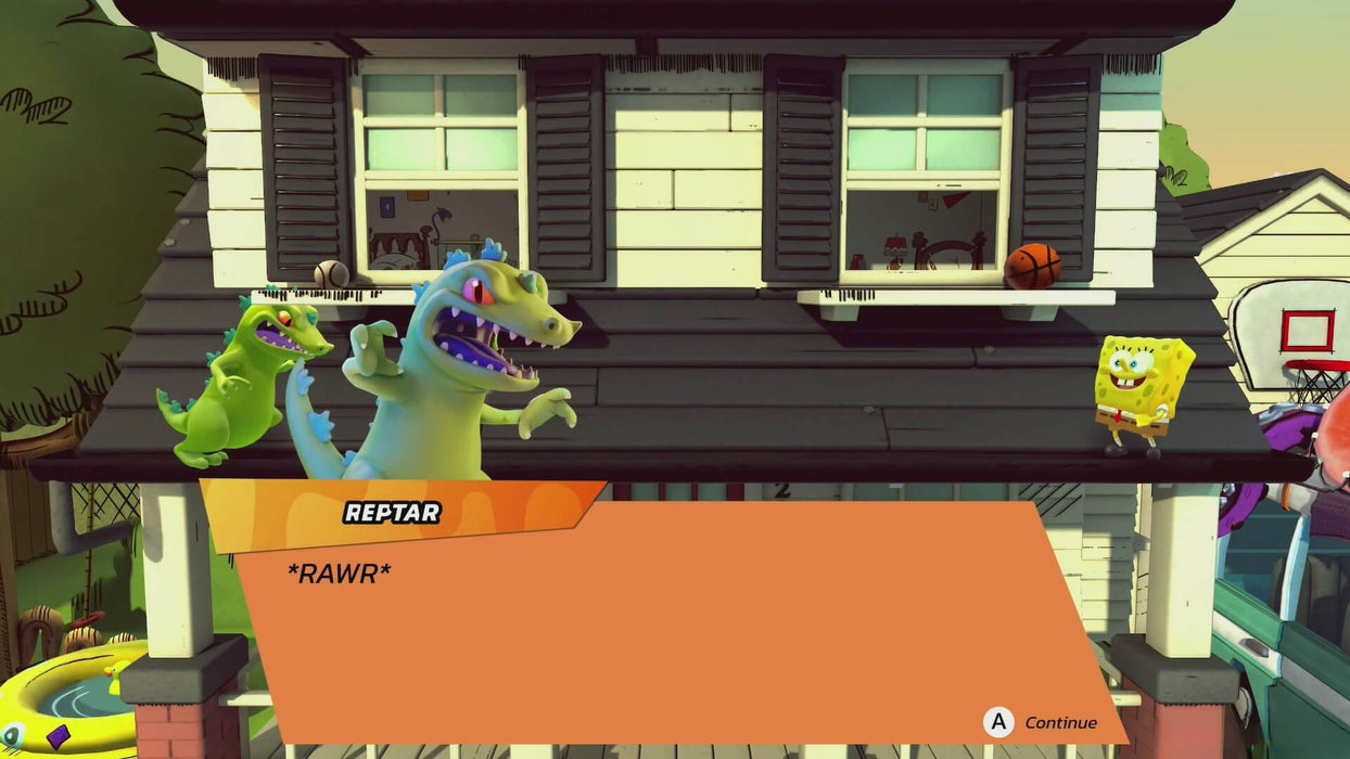 In-game screenshot from Nickelodeon All-Star Brawl showing Reptar roaring at SpongeBob in a backyard stage. Get your PC Steam digital key at RushGame.co and unleash chaos with your favorite Nickelodeon icons