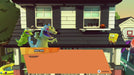 In-game screenshot from Nickelodeon All-Star Brawl showing Reptar roaring at SpongeBob in a backyard stage. Get your PC Steam digital key at RushGame.co and unleash chaos with your favorite Nickelodeon icons