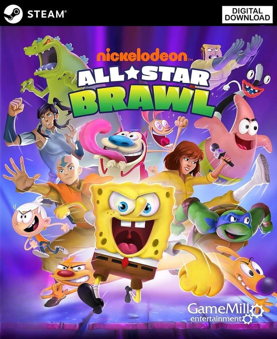 Official cover art for Nickelodeon All-Star Brawl on PC Steam featuring fan-favorite characters like SpongeBob, Aang, Patrick, and Reptar. Buy your Steam CD Key now at RushGame.co and join the ultimate animated fighting game experience