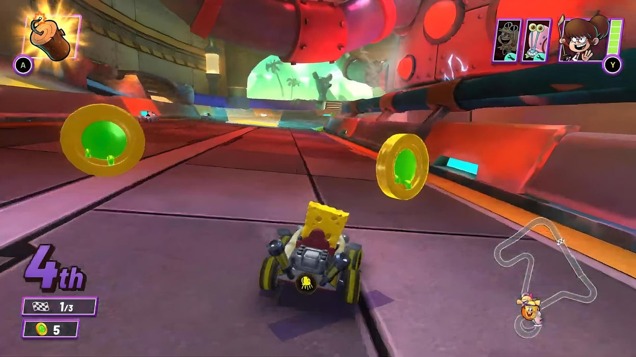 In-game racing action from Nickelodeon Kart Racers 2: Grand Prix for Xbox One, showing SpongeBob collecting green slime coins while competing. Unlock your digital Xbox key at RushGame.co and enjoy fast-paced kart racing mayhem.