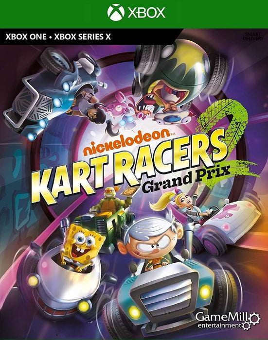 Official cover art for Nickelodeon Kart Racers 2: Grand Prix on Xbox One and Xbox Series X, featuring SpongeBob, Lincoln Loud, and other iconic characters in high-speed karts. Get your Xbox digital key at RushGame.co and race your favorite Nickelodeon stars today