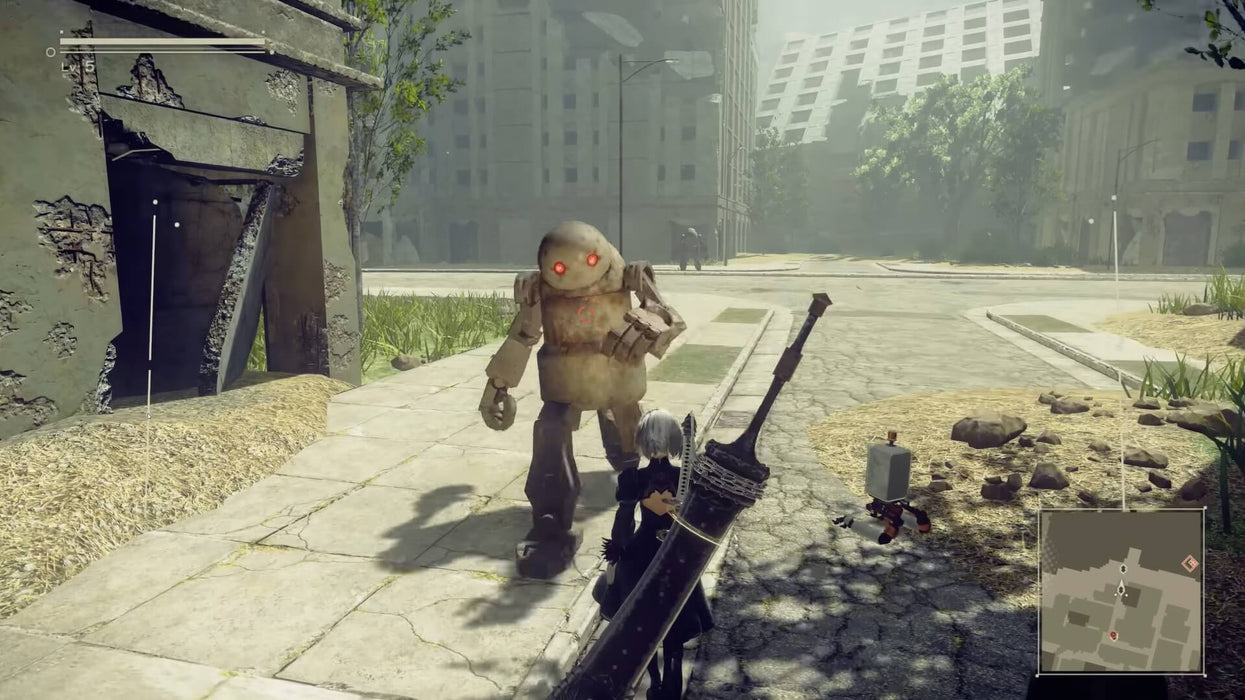 In-game screenshot from NieR: Automata showing the player character facing a hostile machine lifeform in a ruined city environment. Get your Steam CD key for this critically acclaimed action RPG at RushGame.co