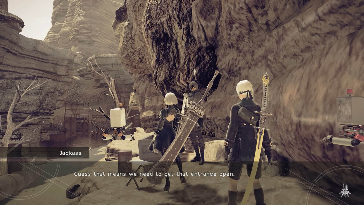Scene from NieR: Automata featuring the characters interacting with Jackass in a desert outpost. Unlock this story-rich RPG by buying your digital Steam code at RushGame.co