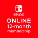 Image of a Nintendo Switch Online 12-month membership card on a bright red background, offering 365 days of online multiplayer access and classic game libraries. Available instantly at RushGame.co for US Nintendo accounts