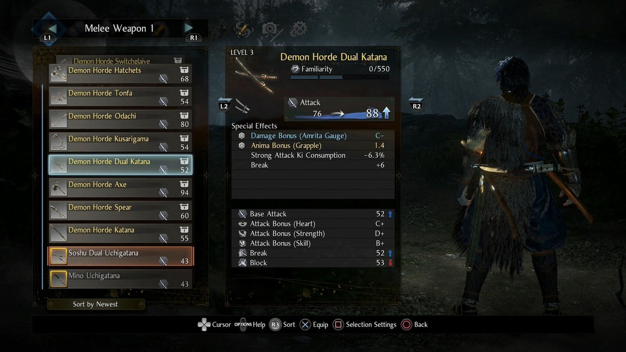 Inventory interface from Nioh 2 displaying weapon stats and equipment selection, showcasing the game’s deep customization system. Purchase your PC Steam CD key at RushGame.co for fast access