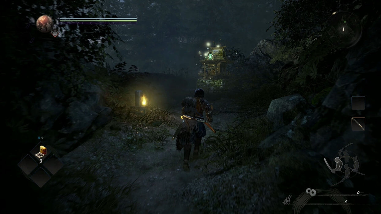 In-game scene from Nioh 2: the samurai approaches a glowing shrine in a dark, misty forest, highlighting the atmospheric design and exploration. Activate your Steam key instantly from RushGame.co