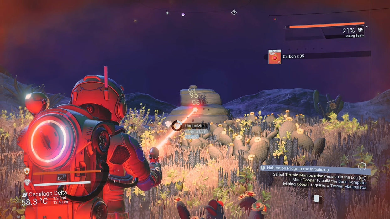 In-game screenshot from No Man's Sky on PC Steam showing a space explorer using a mining beam on a rock formation to collect resources. Discover this vast open-world sci-fi adventure and get your digital game key instantly at RushGame.co