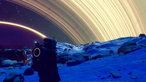 A breathtaking scene from No Man's Sky (PC Steam), showing an explorer on a moonlit terrain gazing at a massive ringed planet. Begin your interstellar journey with a global CD key from RushGame.co