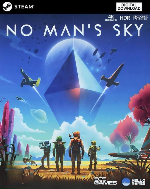 Cover art for the global edition of No Man's Sky on PC Steam, featuring four space explorers beneath a glowing prism in a colorful alien world. Buy your digital download key now at RushGame.co and start exploring today