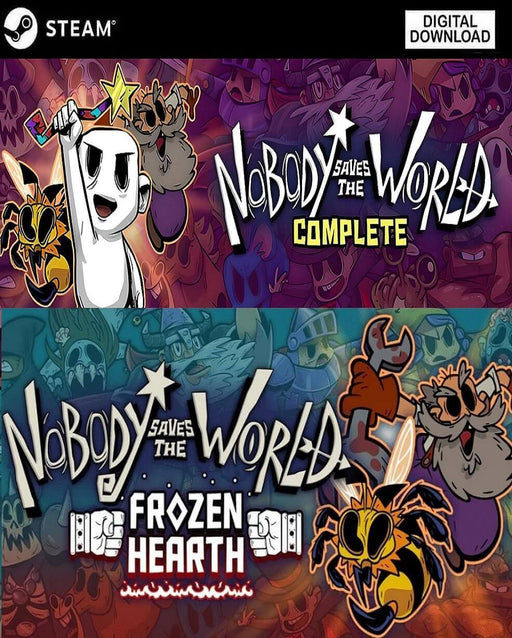 Cover art for Nobody Saves the World: Complete Bundle on PC Steam, featuring the base game and Frozen Hearth expansion with colorful characters and magical chaos. Buy your digital CD key at RushGame.co and unlock the full action RPG experience