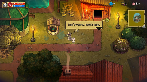 In-game screenshot from Nobody Saves the World (Steam) showing the main character talking to an NPC in a cozy village setting. Begin your shape-shifting journey—buy your Steam key now at RushGame.co