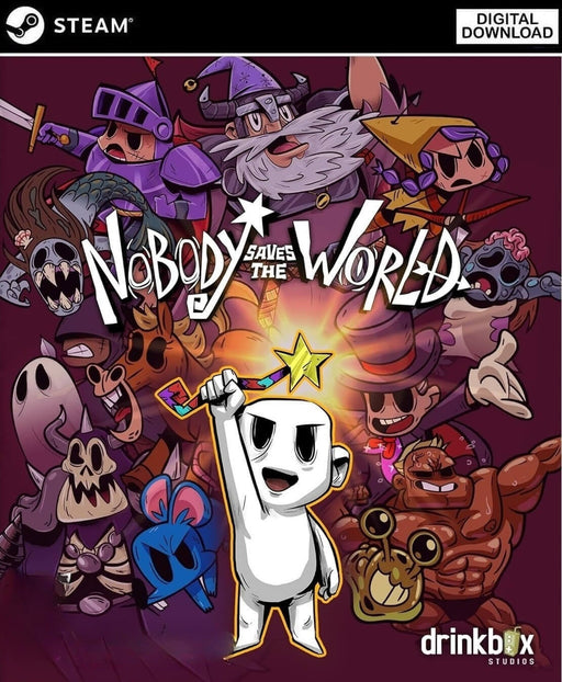 Cover art for Nobody Saves the World on PC Steam, featuring the main character holding a magic wand surrounded by quirky enemies and allies. Get your digital Steam CD key at RushGame.co and dive into a unique action RPG adventure