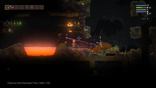 Gameplay from Noita for PC Steam, featuring intense combat with spells near a pool of lava in a dark underground cave. Purchase your Noita digital key at RushGame.co and experience magical chaos in this roguelike physics-based world