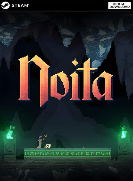 Image of the official Noita PC Steam cover art, featuring the game’s title in glowing pixel font above a dark, mystical cave altar lit with green torches. Get your Noita Steam CD Key now at RushGame.co and dive into this roguelike action sandbox adventure