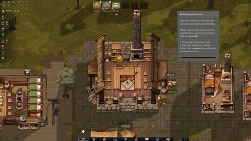 In-game screenshot from Norland on PC Steam, showing a cozy medieval town interior with characters Bogoslav and Nedelya managing resources. Purchase your Norland CD Key at RushGame.co and start building your own kingdom today