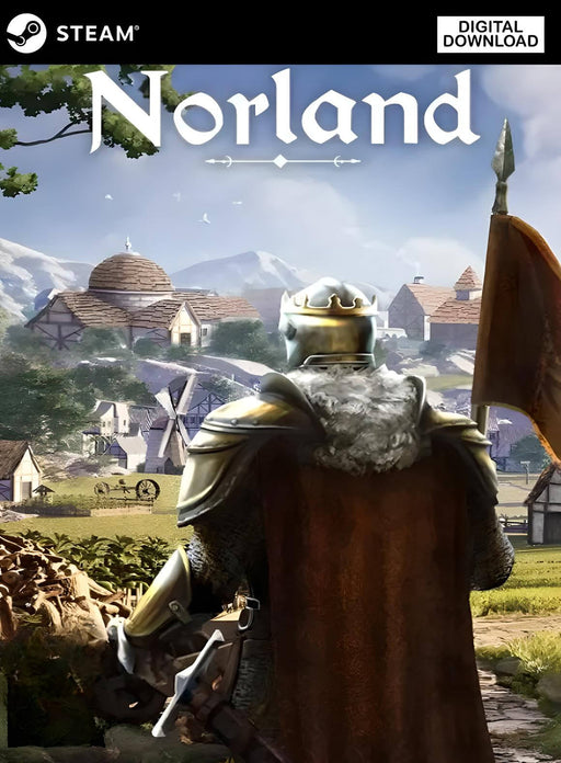 Cover art of Norland for PC Steam, featuring a medieval ruler overlooking a vibrant village from a hilltop. Get your Norland digital game key now at RushGame.co for instant download and epic kingdom-building gameplay