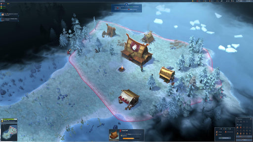 In-game screenshot from Northgard on PC GOG, depicting a snowy Viking settlement with key buildings and villagers near the icy shoreline. Get your digital Northgard key now at RushGame.co and start expanding your Norse territory