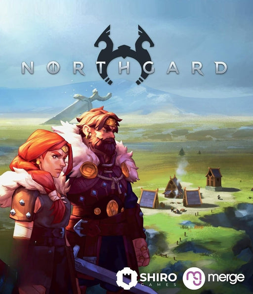 Cover art of Northgard for PC GOG, showing Viking leaders standing before a vast Nordic landscape with a legendary sword in the distance. Buy your Northgard CD Key at RushGame.co and lead your clan to glory in a strategic Viking adventure