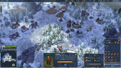 Gameplay view of Northgard for PC Steam, featuring a winter battlefield with multiple Viking units and the hero Foxskin leading the charge. Get your Northgard Steam key at RushGame.co and dominate the North through tactical conquest