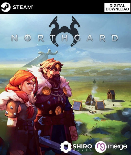 Cover art of Northgard for PC Steam, portraying two Viking leaders standing before their settlement with a giant sword monument in the background. Get your Northgard Steam CD Key now at RushGame.co and lead your clan to victory in this Norse strategy game