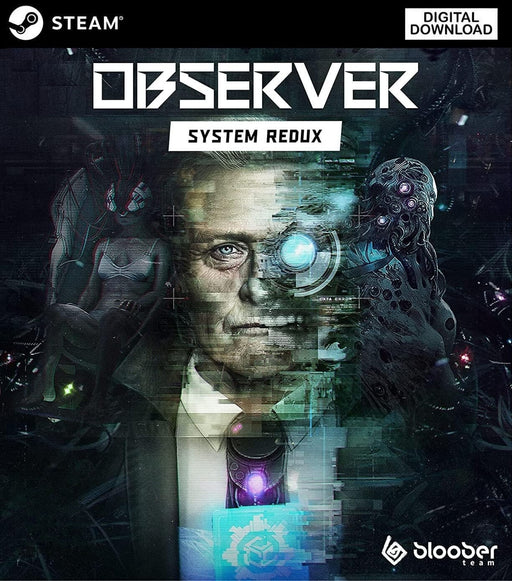 Cover art of Observer: System Redux for PC Steam, featuring a fragmented portrait of a cybernetic detective amidst digital glitches and dystopian visuals. Buy your Observer: System Redux Steam CD Key now at RushGame.co and dive into a dark cyberpunk thriller.