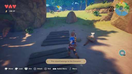 Gameplay scene from Oceanhorn 2 for PS5 showing exploration of an island with bright greenery and a mysterious character in the distance. Purchase your US Oceanhorn 2 PS5 CD Key at RushGame.co and uncover secrets hidden across magical lands