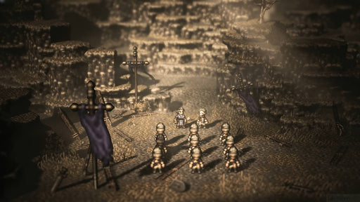 In-game battle scene from Octopath Traveler on Steam, featuring pixel-art warriors confronting enemies on a desolate battlefield. Get your Octopath Traveler PC Steam key from RushGame.co for strategic, turn-based combat action