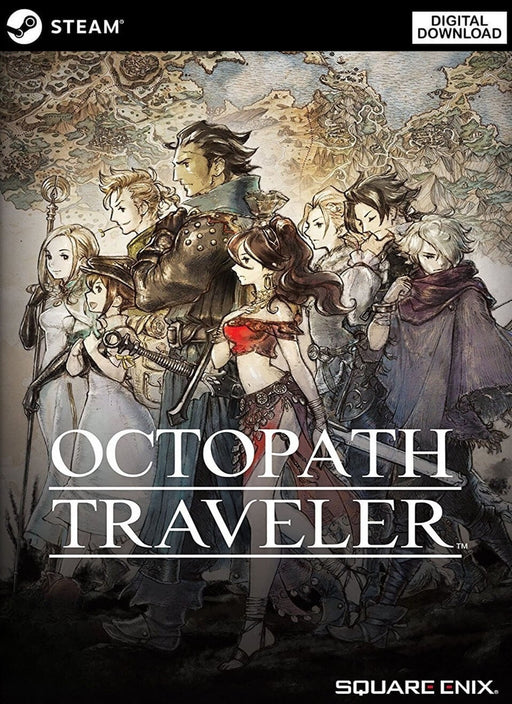 Official cover art for Octopath Traveler on PC via Steam, showcasing all eight protagonists in a hand-drawn, storybook style. Buy your Octopath Traveler Steam CD Key instantly at RushGame.co and embark on a classic JRPG adventure
