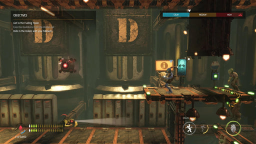 Oddworld: Soulstorm Enhanced Edition PC gameplay showing Abe in an industrial facility with objectives and stealth indicators. Purchase your Steam game key today from RushGame.co for instant access