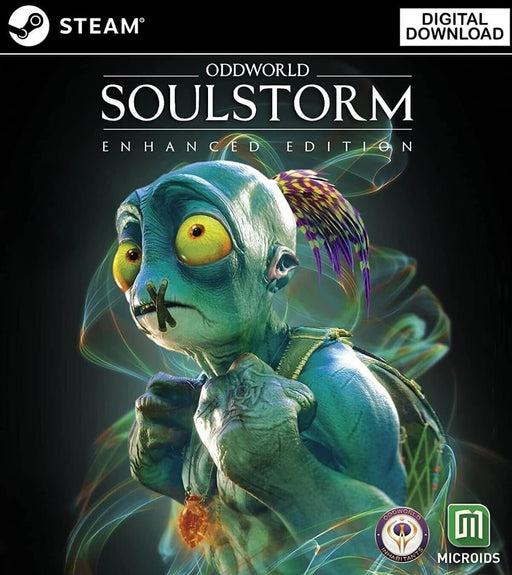 Cover image of Oddworld: Soulstorm Enhanced Edition for PC Steam, featuring Abe with glowing eyes and mouth stitched shut. Get your digital Steam CD key now at RushGame.co and join the revolution