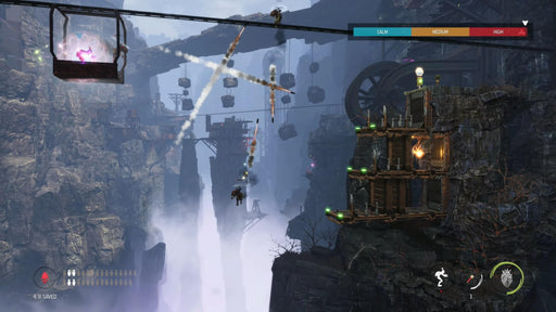 Action-packed scene from Oddworld: Soulstorm Enhanced Edition on PS5 with enemy attacks and moving cable cars. Unlock the thrill with your PS5 digital key at RushGame.co today