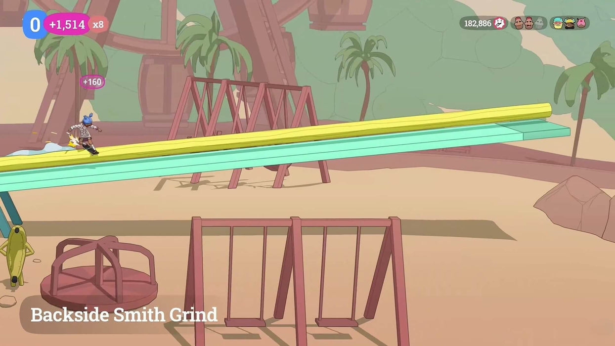 Gameplay screenshot of OlliOlli World: Rad Edition on PC showing a character performing a Backside Smith Grind in a colorful skate park. Unlock your Steam digital code today at RushGame.co