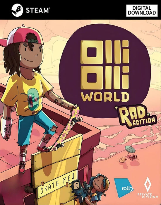 Cover art for OlliOlli World: Rad Edition on PC Steam featuring a cartoon skater character on a rooftop with vibrant colors. Buy your Steam CD key now at RushGame.co and ride into the whimsical skateboarding adventure!