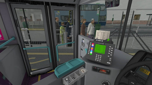  Interior view from OMSI 2: Steam Edition showing a bus ticket machine and passengers waiting to board. Get your PC Steam key from RushGame.co and experience the life of a public transport driver