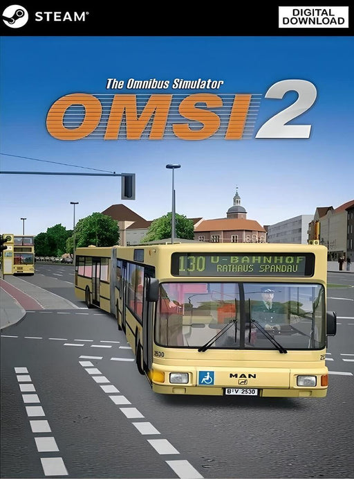 Cover art of OMSI 2: Steam Edition for PC, showing a realistic articulated bus driving through a German city. Buy your OMSI 2 Steam CD key now at RushGame.co and start your bus driving journey today!
